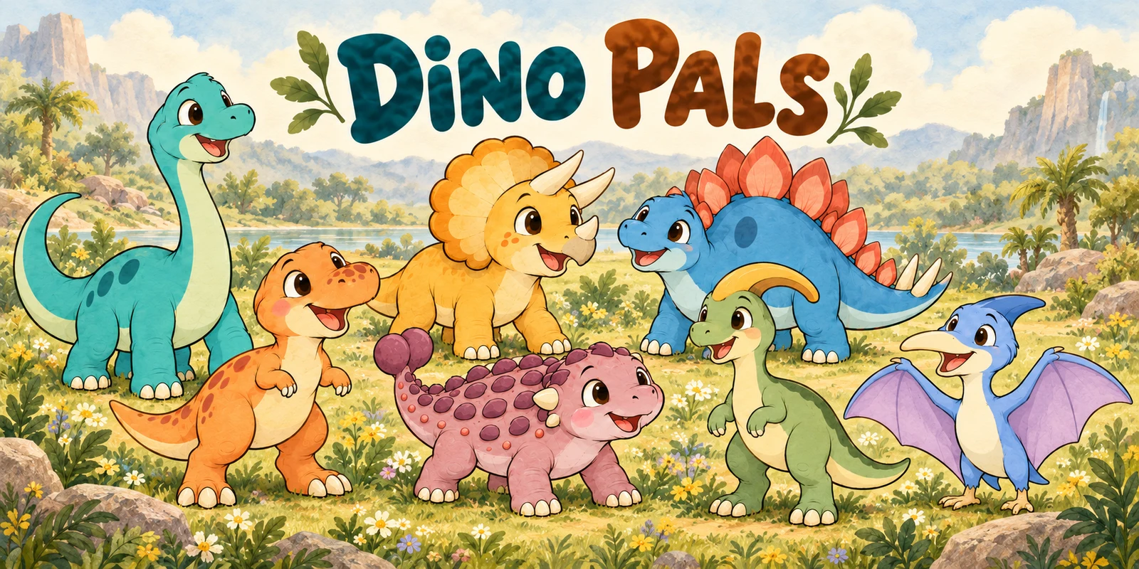 Sprout, Trilli, Tego, Rex, Anki, Pari and Terry smile together in a sunny, flower-filled meadow beneath the painted words Dino Pals.
