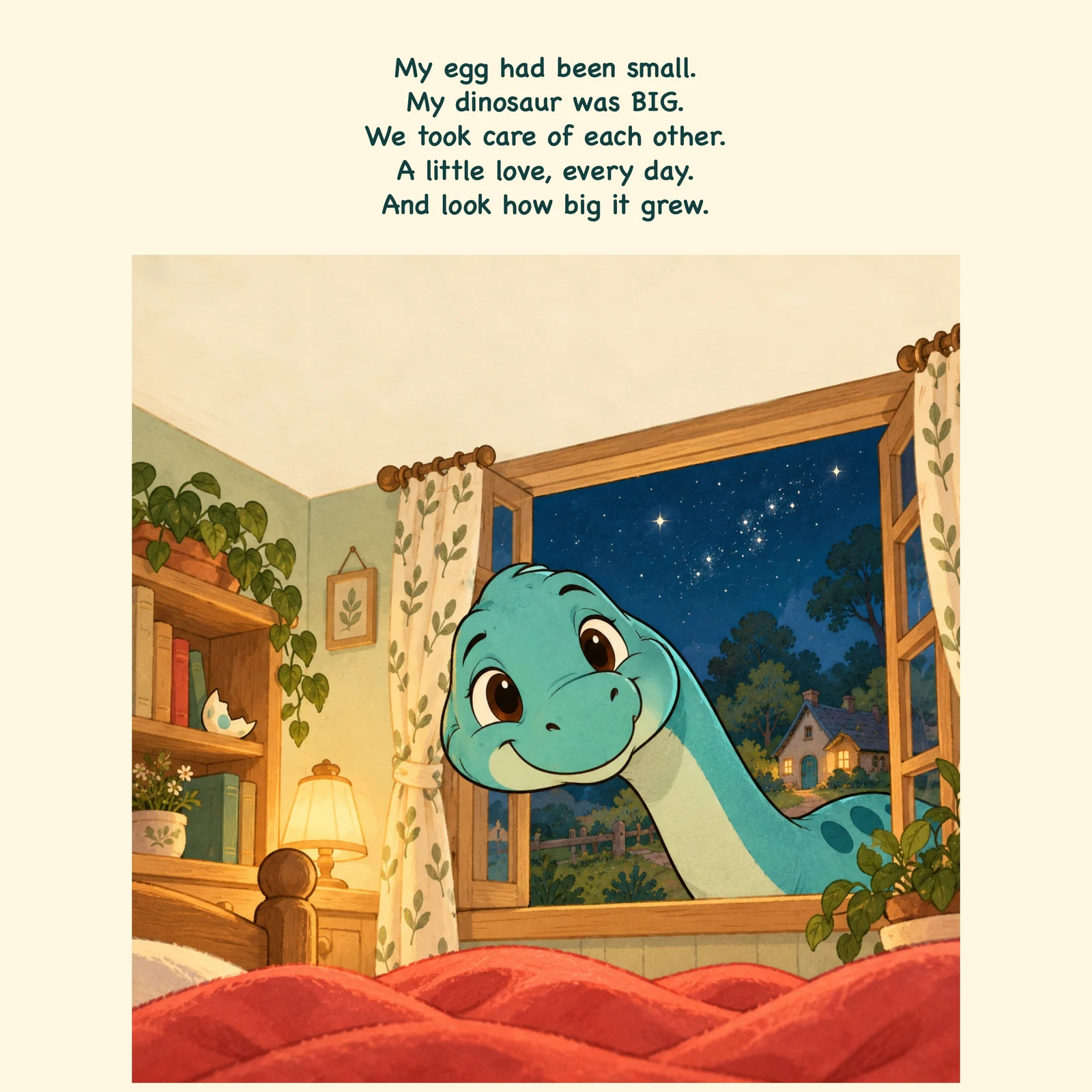 Sprout peeks through a cozy bedroom window at night.